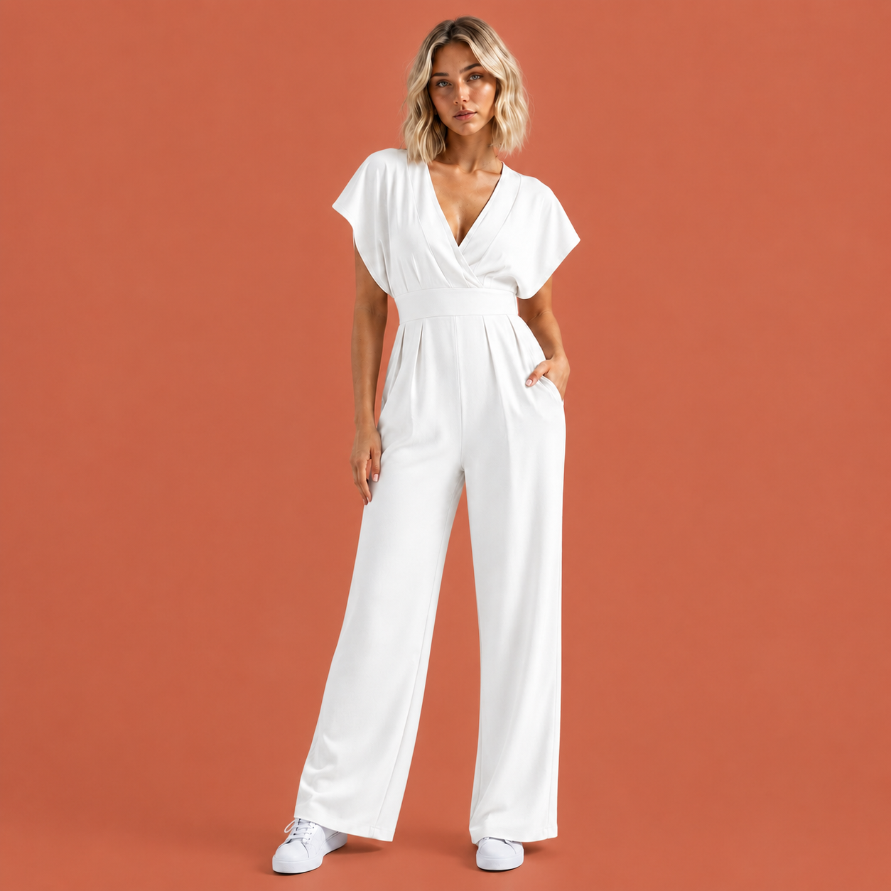 Dames jumpsuit in wit met ruchemouwen, zacht en comfortabel voor casual en stijlvolle outfits.