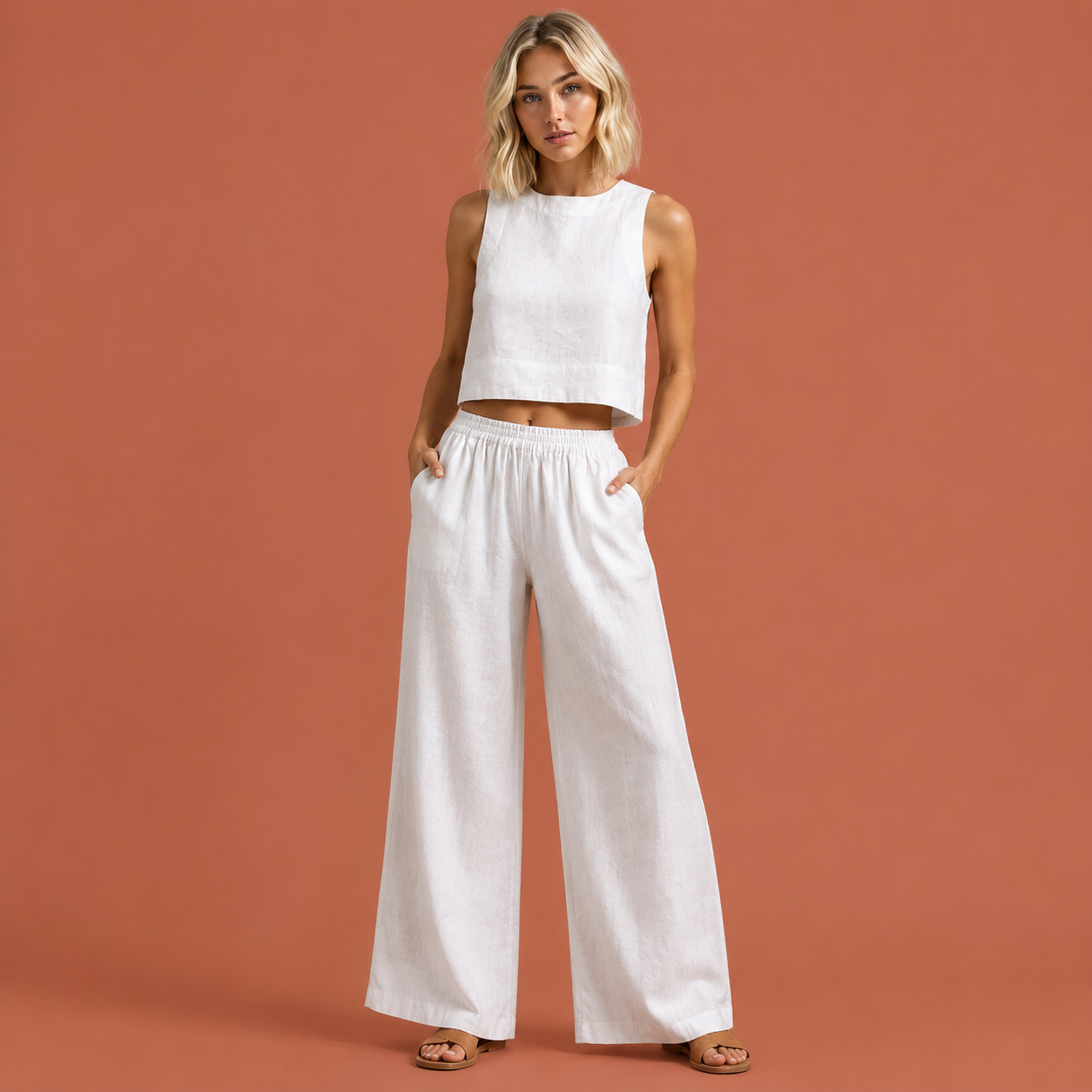 Dames linnen set in wit met minimalistisch design, zacht en comfortabel voor casual en stijlvolle outfits.