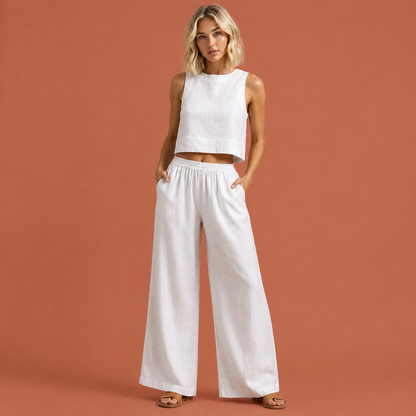Dames linnen set in wit met minimalistisch design, zacht en comfortabel voor casual en stijlvolle outfits.