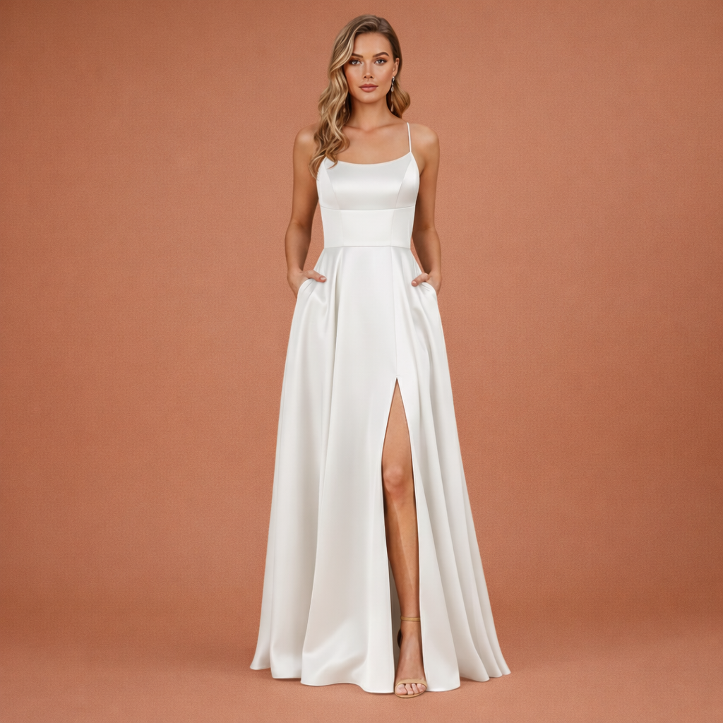 Dames maxi avondjurk in wit met minimalistisch design, zacht en comfortabel voor casual en stijlvolle outfits.