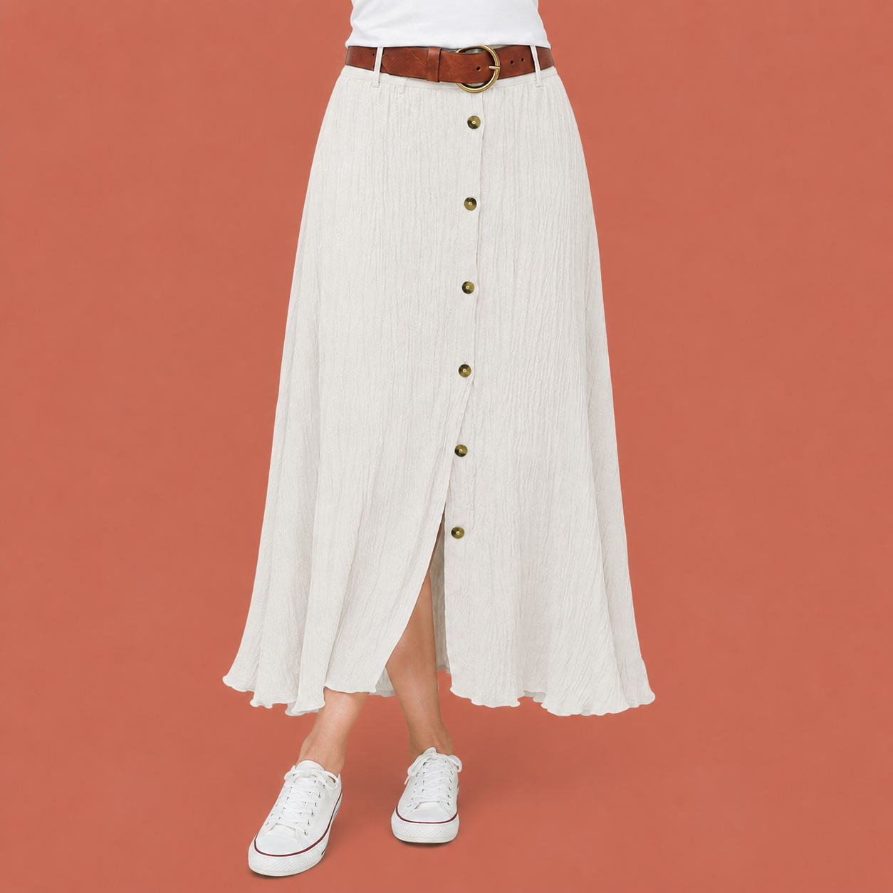 Dames maxi rok in wit met minimalistisch design, zacht en comfortabel voor casual en stijlvolle outfits.
