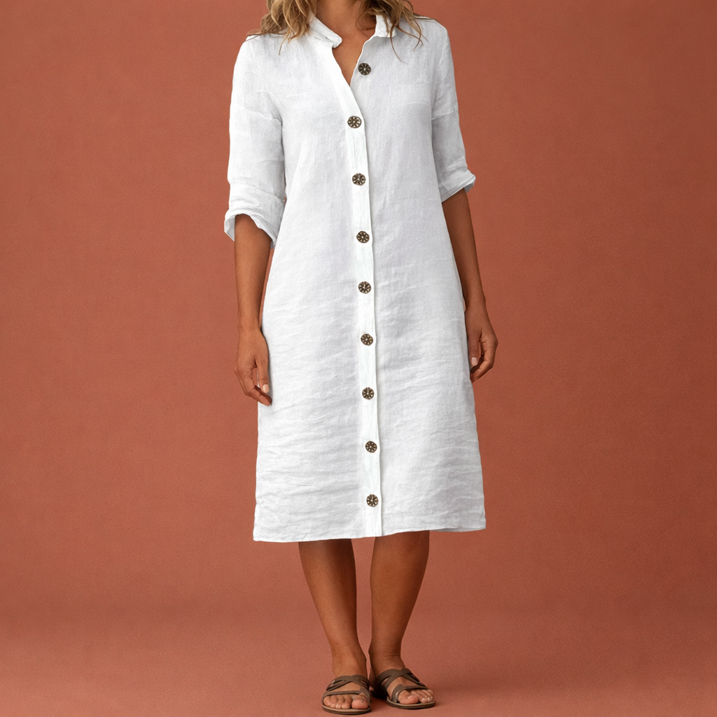 Dames midi-jurk in wit met minimalistisch design, zacht en comfortabel voor casual en stijlvolle outfits.