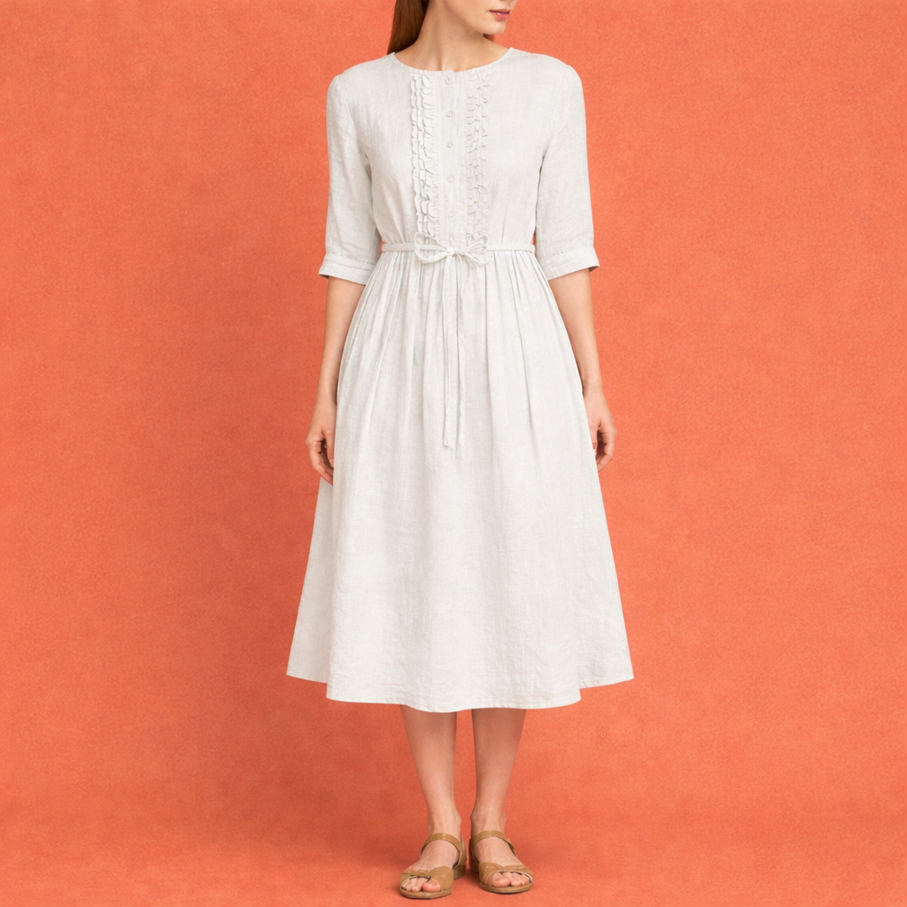 Dames midi jurk in wit met minimalistisch design, zacht en comfortabel voor casual en stijlvolle outfits.