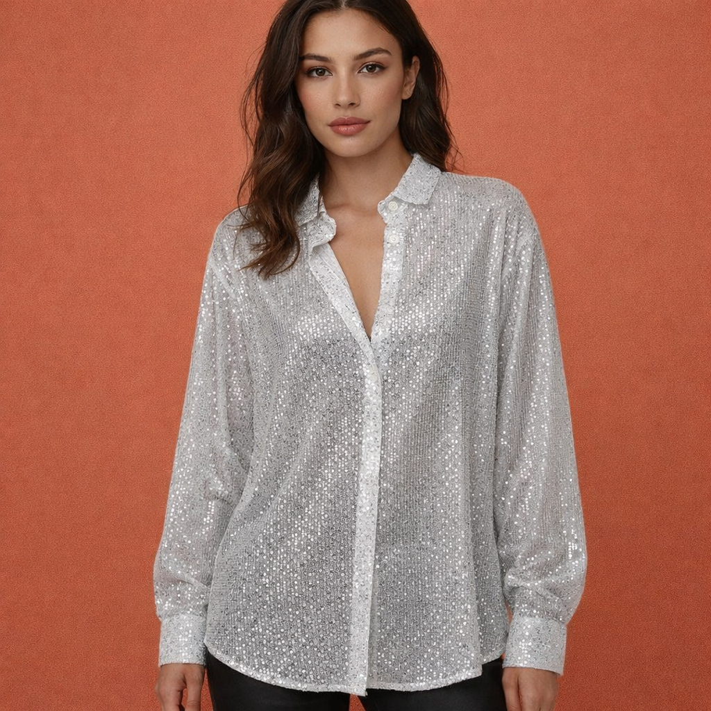 Dames pailletten blouse in wit met minimalistisch design, zacht en comfortabel voor casual en stijlvolle outfits.