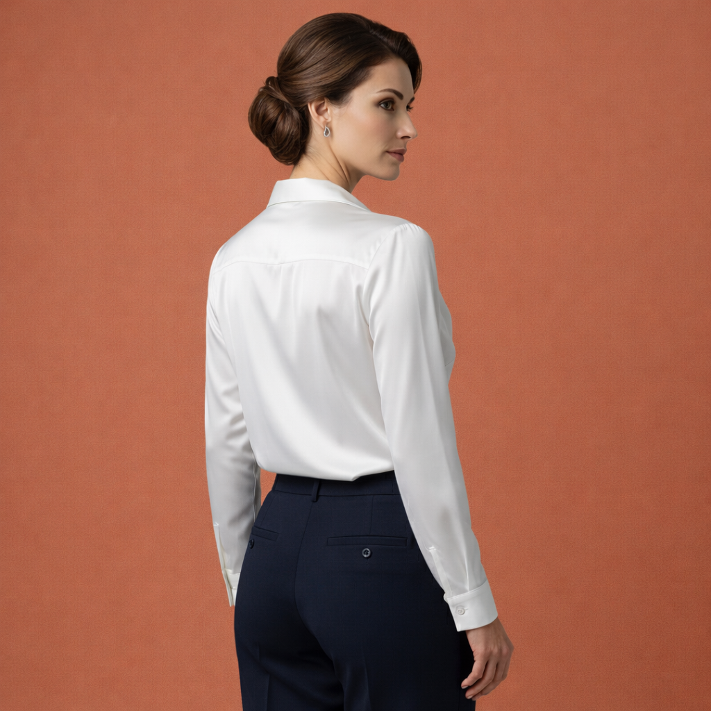 Dames satijnen blouse in wit met draperende kraag, zacht en comfortabel voor stijlvolle en casual outfits.
