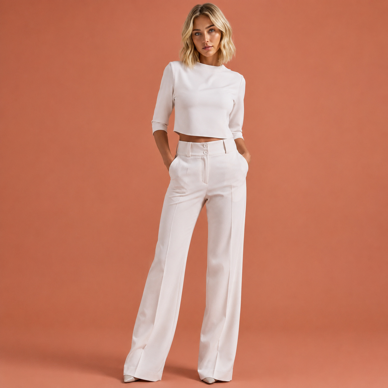 Dames set in wit met minimalistisch design, zacht en comfortabel voor casual en stijlvolle outfits.