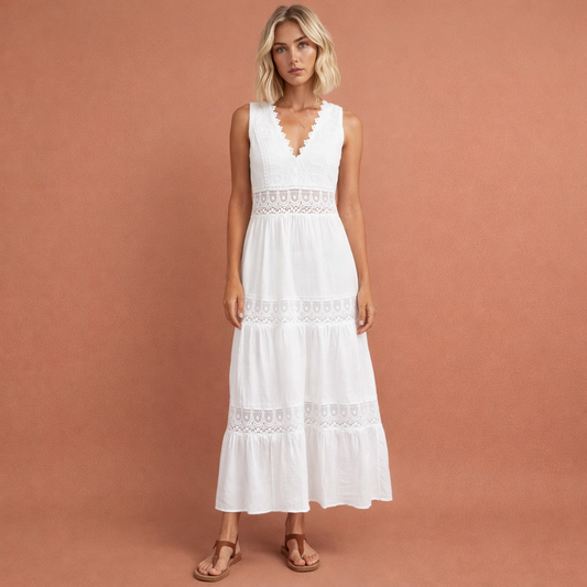 Witte midi zomerkleed voor dames met kantdetails en V-hals, perfect voor zomerse dagen en elegante gelegenheden.