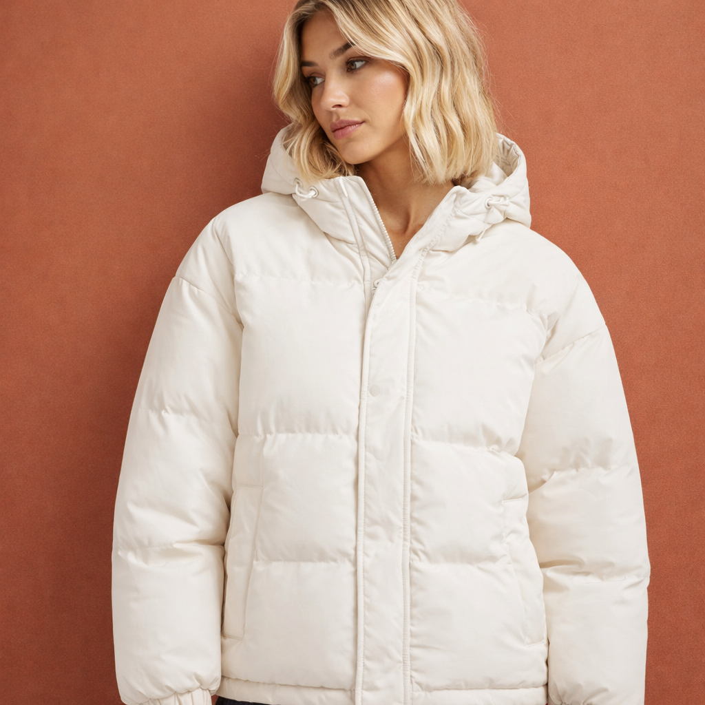 Witte gewatteerde damesjas met capuchon en ritssluiting, comfortabel voor dagelijks gebruik tijdens koude dagen.