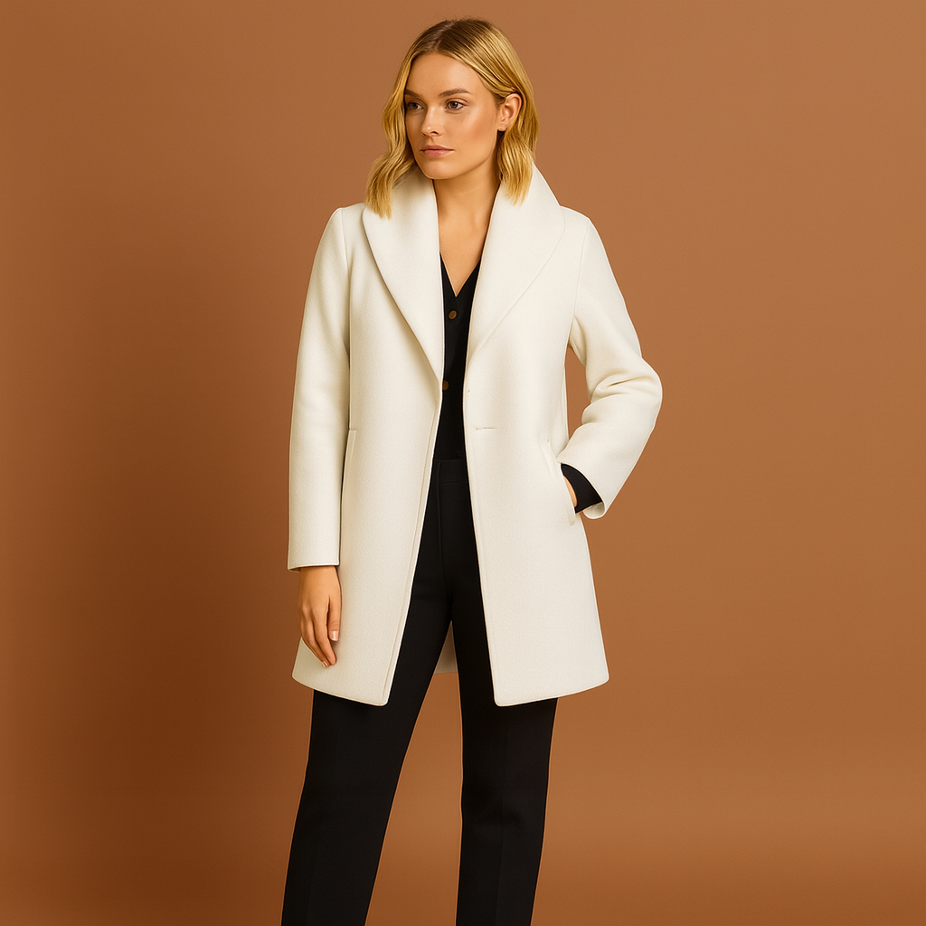 Witte halflange dames mantel met open kraag, geschikt voor dagelijks gebruik en nette outfits.