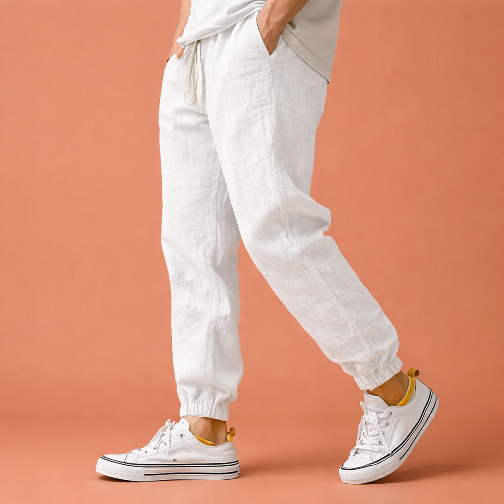 Heren broek in wit met minimalistisch design, zacht en comfortabel voor casual en stijlvolle outfits.