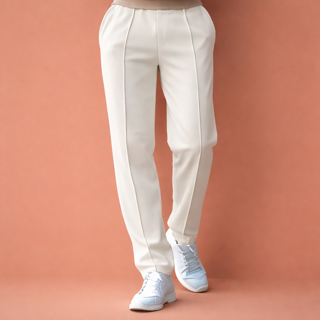 Heren broek in wit met minimalistisch design, zacht en comfortabel voor casual en stijlvolle outfits.