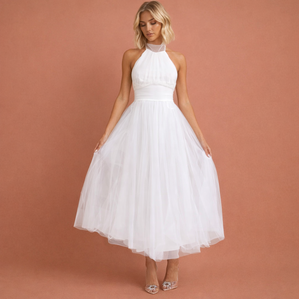 Witte damesjurk met halterhals en gelaagde rok, ideaal voor zomerse en feestelijke gelegenheden.