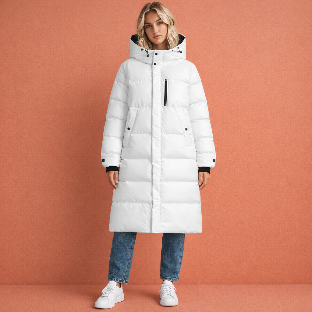 Witte lange winterjas voor dames met voorzakken, ideaal voor koude dagen en comfortabel dagelijks gebruik.