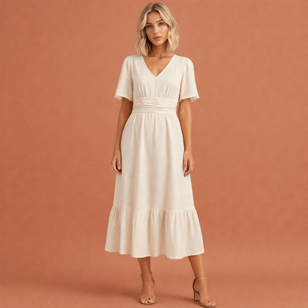 Witte midi-zomerjurk voor dames met V-hals en tailleaccentuering, ideaal voor zomerse dagen en casual gelegenheden.