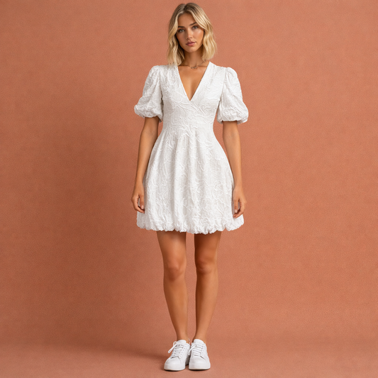 Witte minidress voor dames met 3D bloemenpatroon en pofmouwen, ideaal voor feestelijke gelegenheden en stijlvolle outfits.