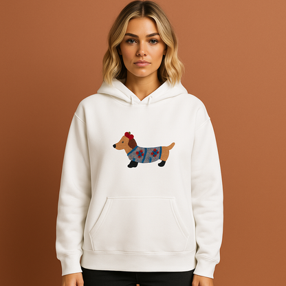 Witte oversized hoodie voor dames met geborduurde teckel en kangoeroezak, perfect voor casual en comfortabele outfits.