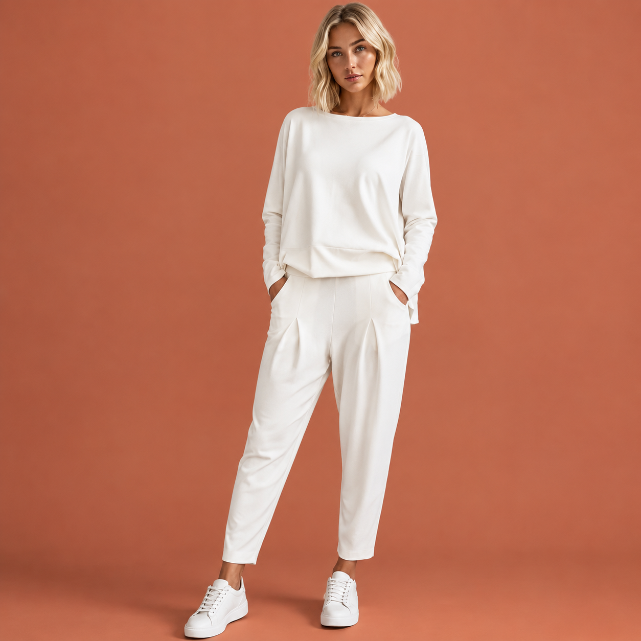 Dames sportieve set in wit met minimalistisch design, zacht en comfortabel voor casual en stijlvolle outfits.