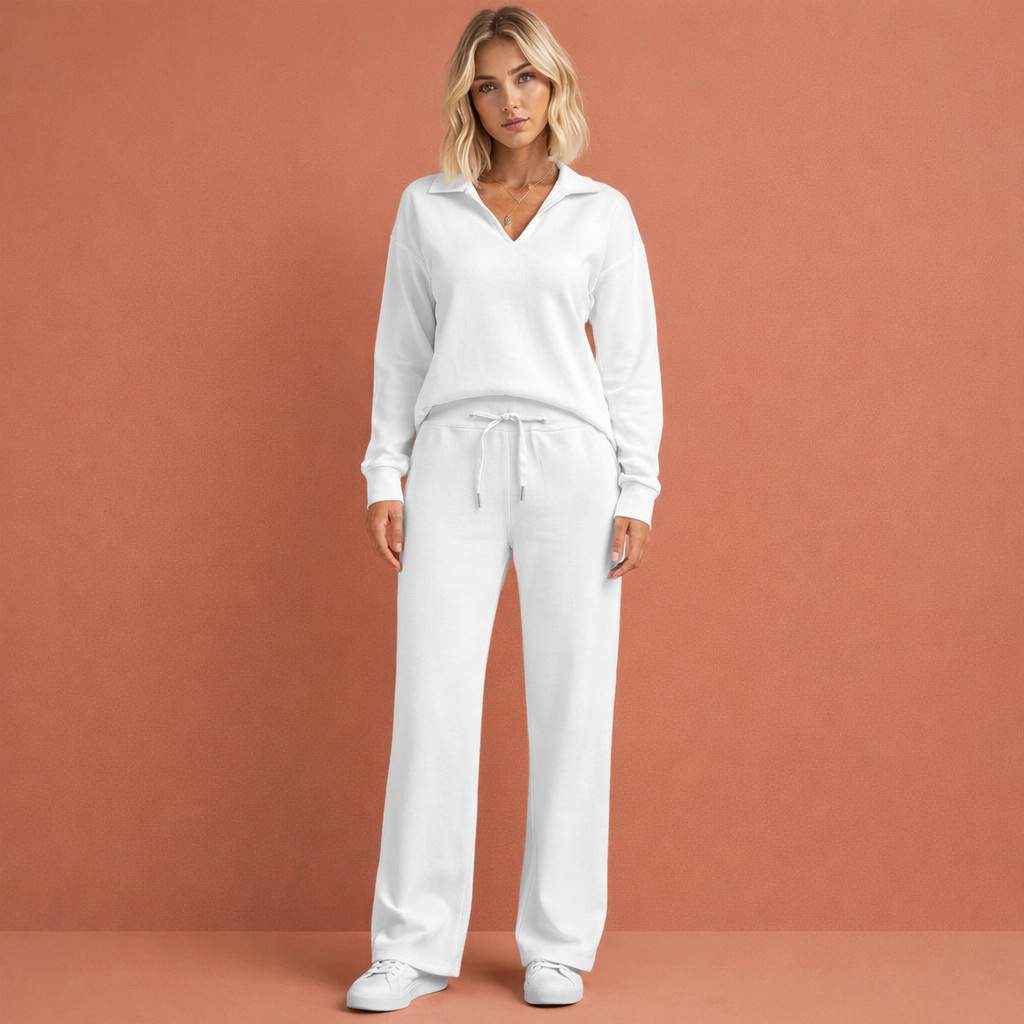 Witte tweedelige set voor dames met V-hals top en comfortabele pasvorm, ideaal voor dagelijks gebruik en casual gelegenheden.