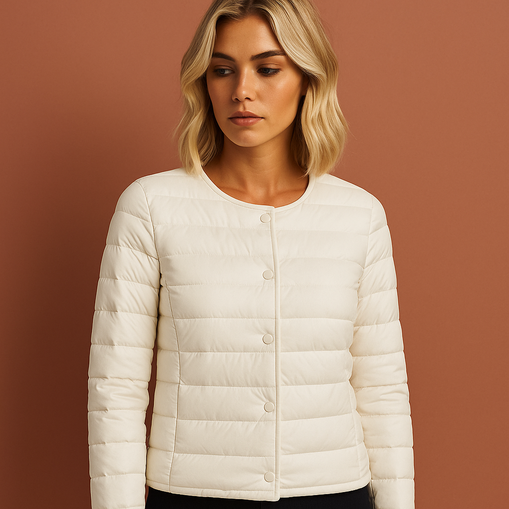 Ultradunne lichtgewicht donsjas voor dames in witte kleur, ideaal voor frisse dagen en dagelijks gebruik.