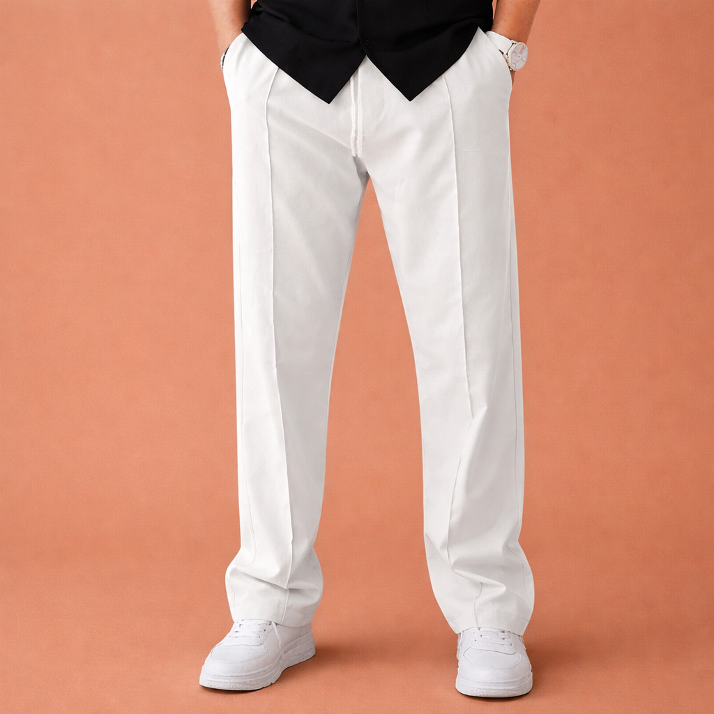 Heren wijde broek in wit met minimalistisch design, comfortabel en stijlvol voor casual en dagelijkse outfits.