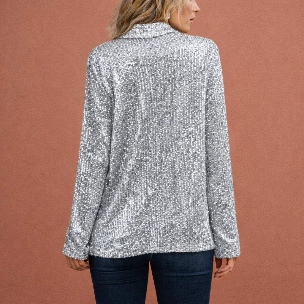 Dames pailletten blazer in zilver met minimalistisch design, zacht en comfortabel voor casual en stijlvolle outfits.