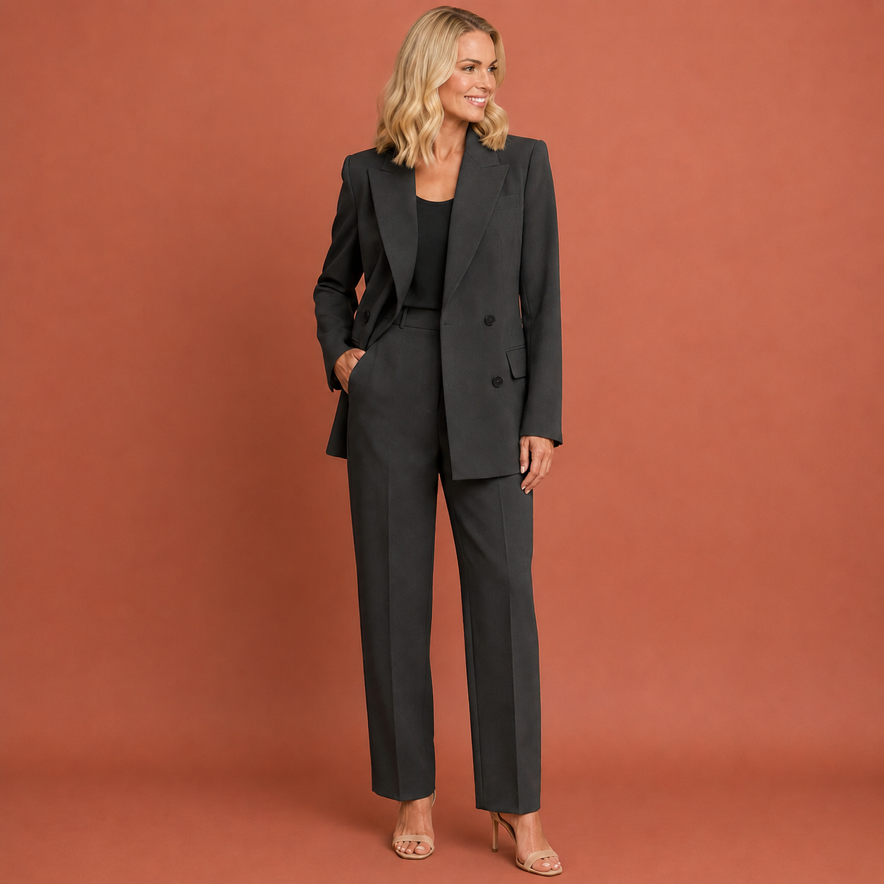 Dames broekpak in zwart met minimalistisch design, zacht en comfortabel voor casual en stijlvolle outfits.
