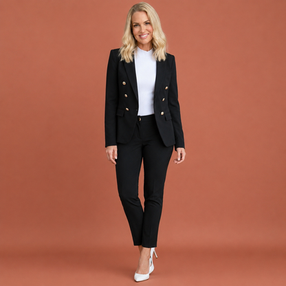 Dames broekpak in zwart met minimalistisch design, zacht en comfortabel voor casual en stijlvolle outfits.