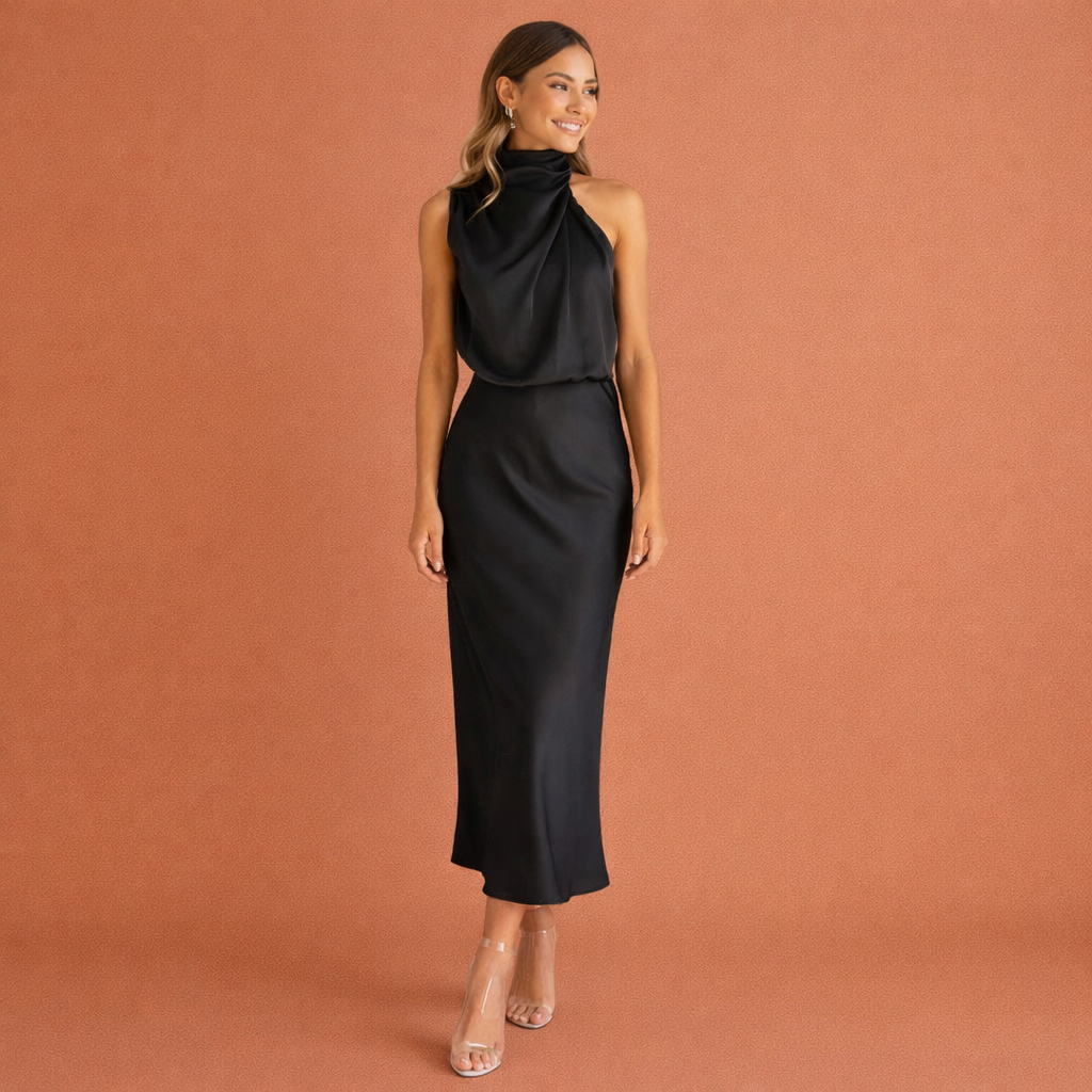 Dames maxi jurk in black met minimalistisch design, zacht en comfortabel voor casual en stijlvolle outfits.