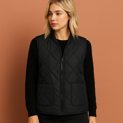 Dames patchwork gebreid vest in zwart met trendy patroon, stijlvol en comfortabel voor herfst en winter.
