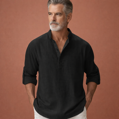 Heren linnen overhemd in zwart met klassiek design, ademend en comfortabel voor casual en stijlvolle outfits.