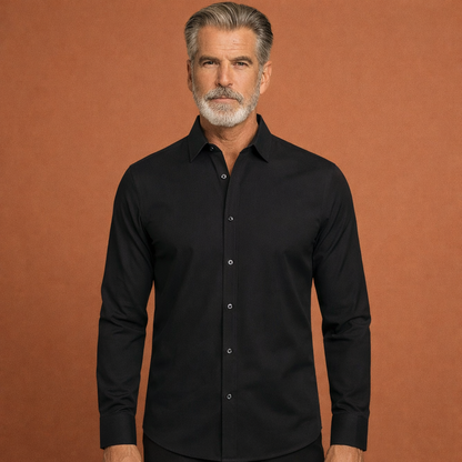Heren overhemd in zwart met minimalistisch design, zacht en comfortabel voor zakelijke en stijlvolle outfits.