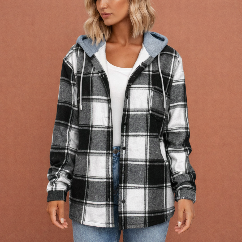 Zwart overshirt voor dames met capuchon en knoopsluiting, comfortabel en ideaal voor casual dagelijks gebruik.1