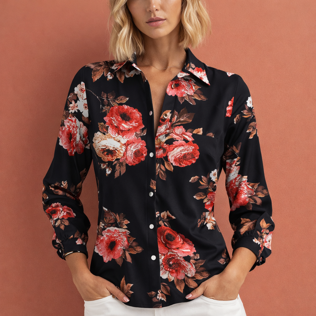 Dames blouse met print in zwart roze met minimalistisch design, zacht en comfortabel voor casual en stijlvolle outfits.