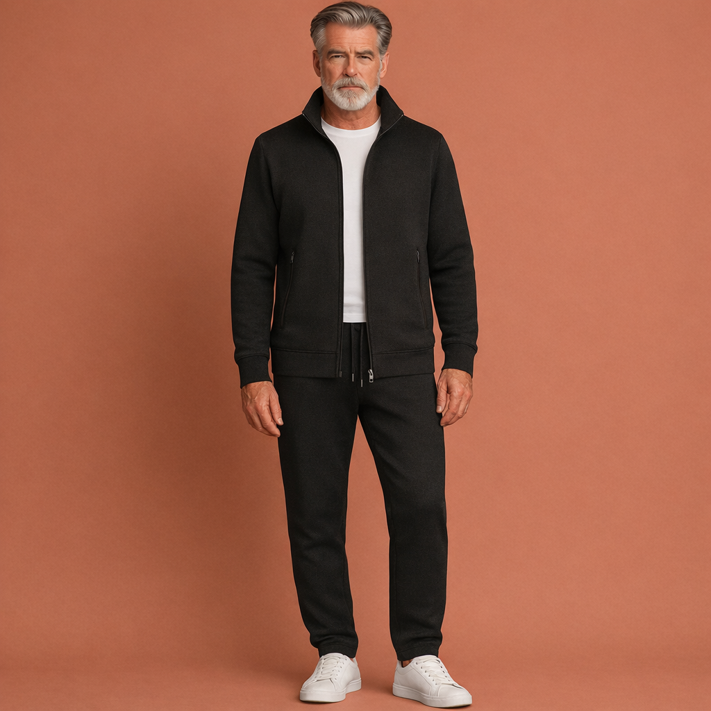 Zwart tweedelig trainingspak voor heren met vest met verbrand en rechte broek, ideaal voor dagelijks gebruik en ontspanning.