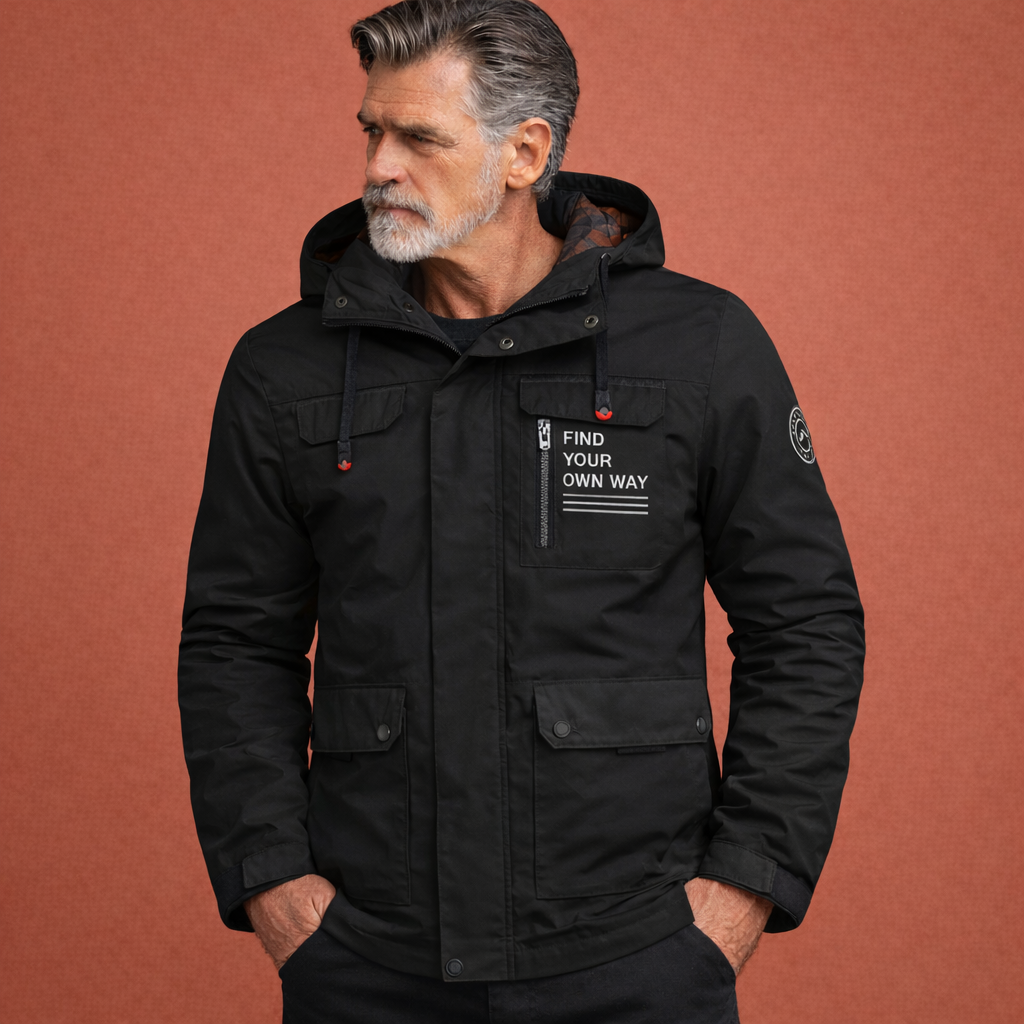 Zwarte casual herenjas met ritssluiting en comfortabele pasvorm, geschikt voor dagelijks gebruik en moderne outfits.