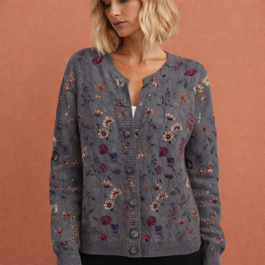Zwarte chique dames cardigan met bloemmotief en comfortabele pasvorm, ideaal voor dagelijks gebruik en koude dagen.