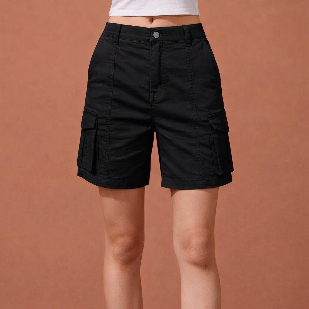 Dames cargo shorts in zwart met minimalistisch design, zacht en comfortabel voor casual en stijlvolle outfits.