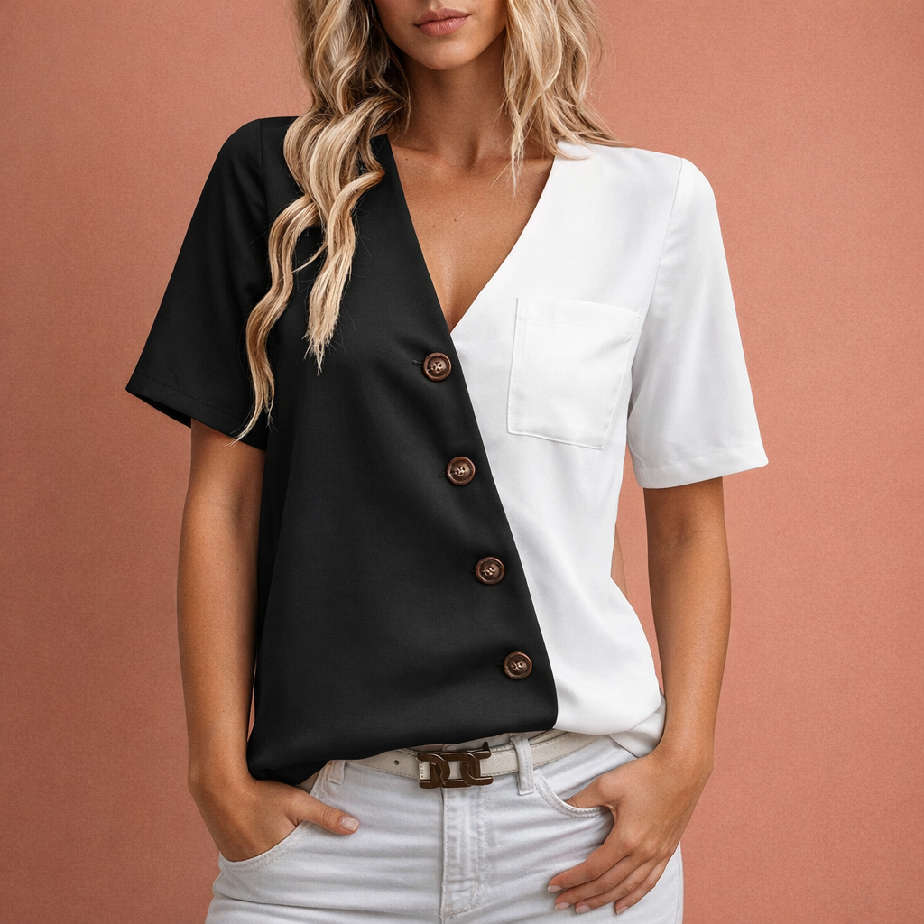 Dames colorblock blouse in zwart met minimalistisch design, zacht en comfortabel voor casual en stijlvolle outfits.