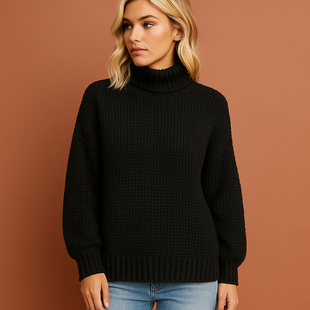 Dames coltrui in zwart met minimalistisch design, zacht en warm voor stijlvolle winterlooks.