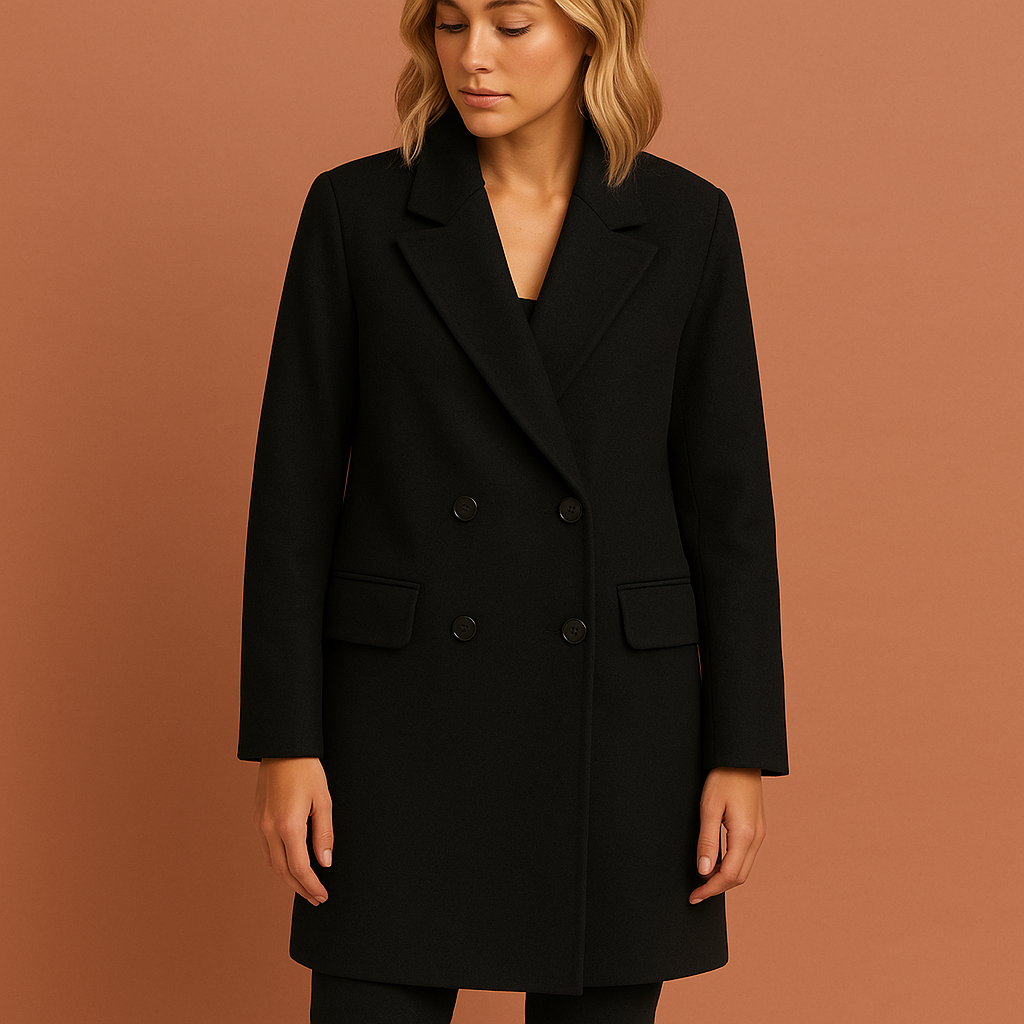 Lange damesjas in zwart met dubbele knopen en omvouwkraag, stijlvol en comfortabel voor herfst en winter.