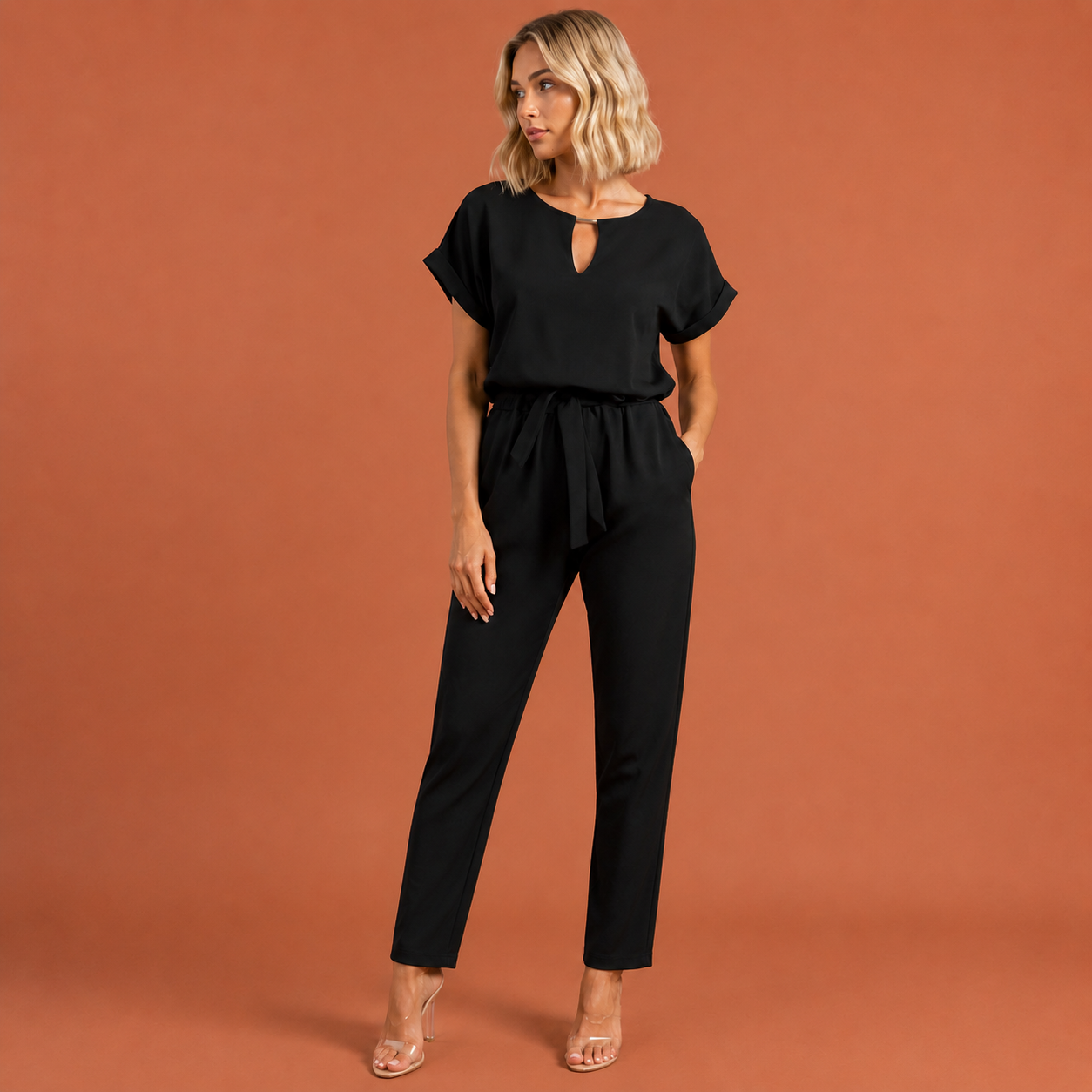 Dames jumpsuit in zwart met minimalistisch design, zacht en comfortabel voor casual en stijlvolle outfits.