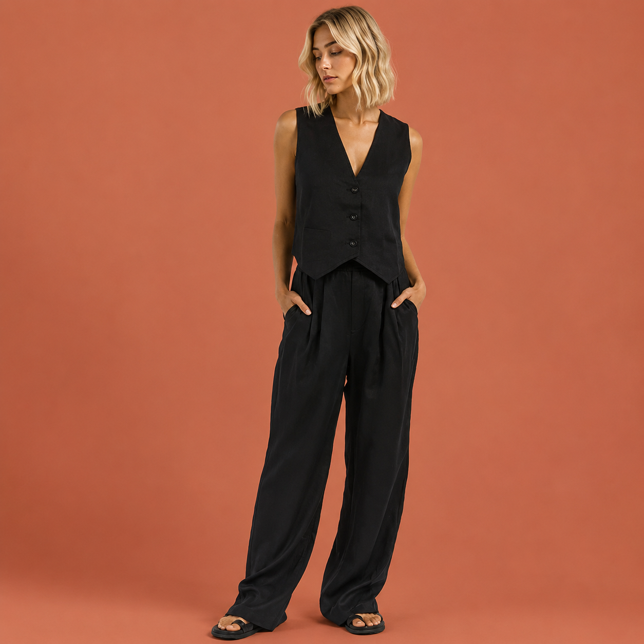 Dames linnen set in zwart met minimalistisch design, zacht en comfortabel voor casual en stijlvolle outfits.