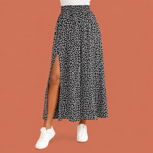 Dames maxi rok in zwart met minimalistisch design, zacht en comfortabel voor casual en stijlvolle outfits.