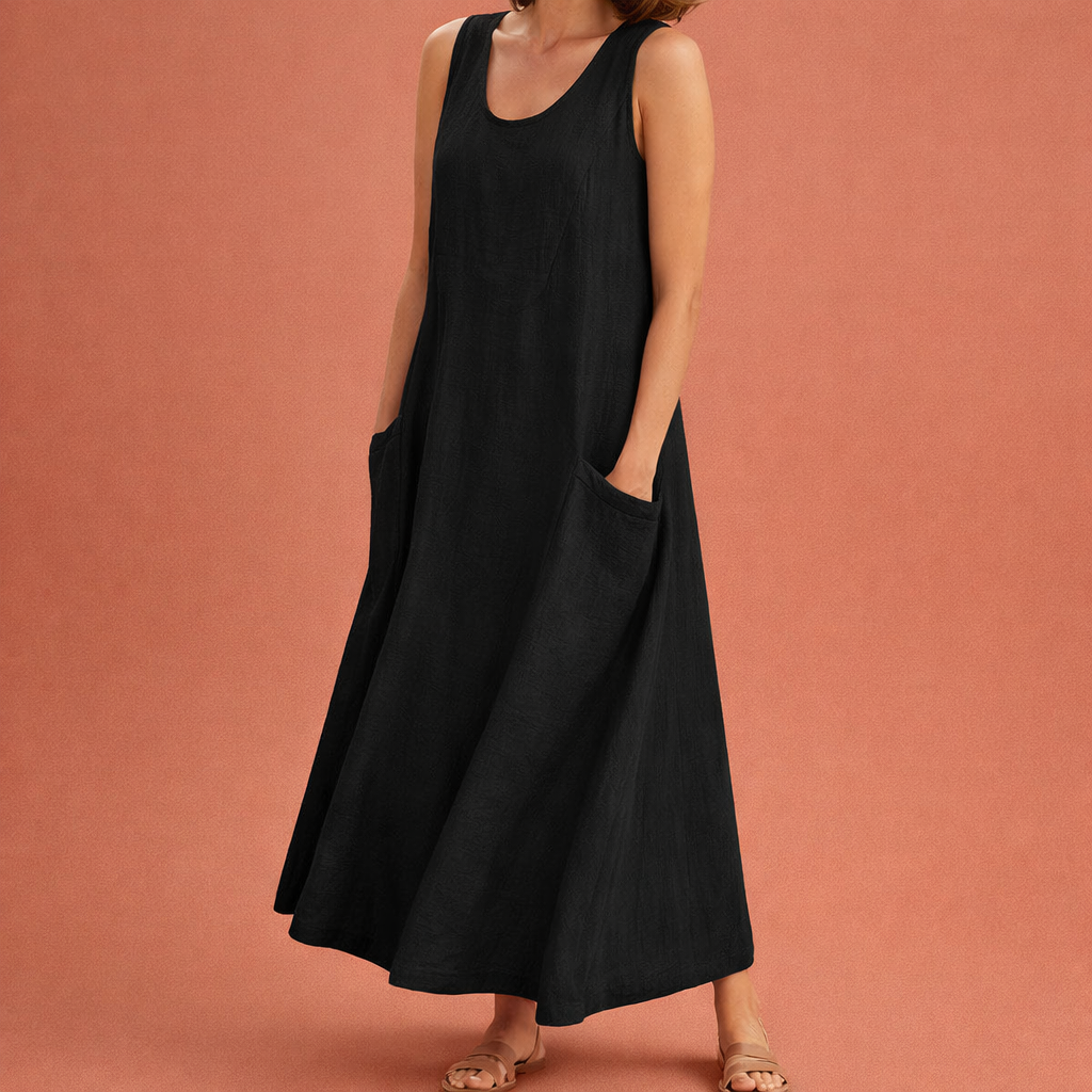 Dames maxi zomerjurk in zwart met minimalistisch design, zacht en comfortabel voor casual en stijlvolle outfits