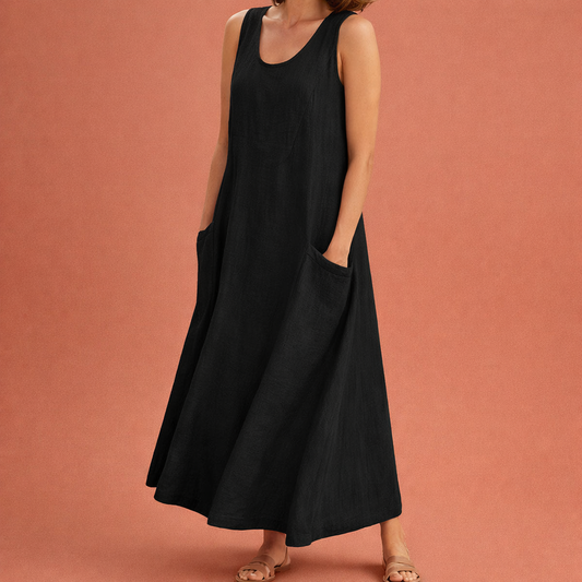 Dames maxi zomerjurk in zwart met minimalistisch design, zacht en comfortabel voor casual en stijlvolle outfits