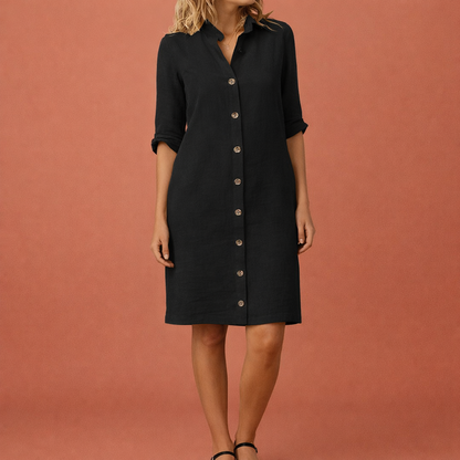 Dames midi-jurk in zwart met minimalistisch design, zacht en comfortabel voor casual en stijlvolle outfits.