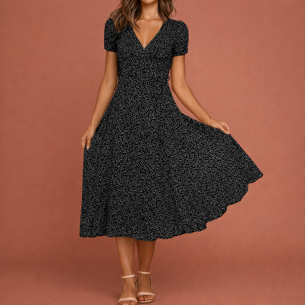 Dames midi jurk in zwart met minimalistisch design, zacht en comfortabel voor casual en stijlvolle outfits.