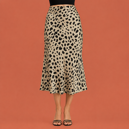 Dames midi rok in zwart met leopard print, zacht en comfortabel voor casual en stijlvolle outfits.