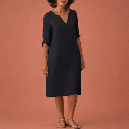 Dames midi zomerjurk in zwart met minimalistisch design, zacht en comfortabel voor casual en stijlvolle outfits.