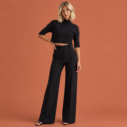 Dames set in zwart met minimalistisch design, zacht en comfortabel voor casual en stijlvolle outfits.